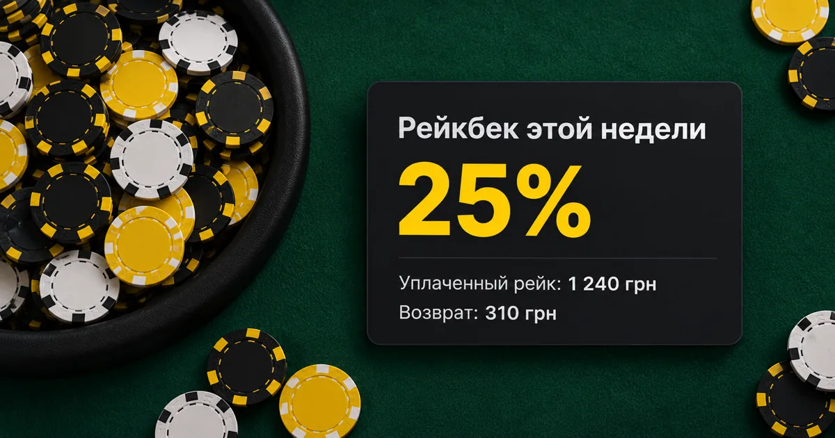 Рейкбек за неделю на фоне покерного стола с фишками в банке