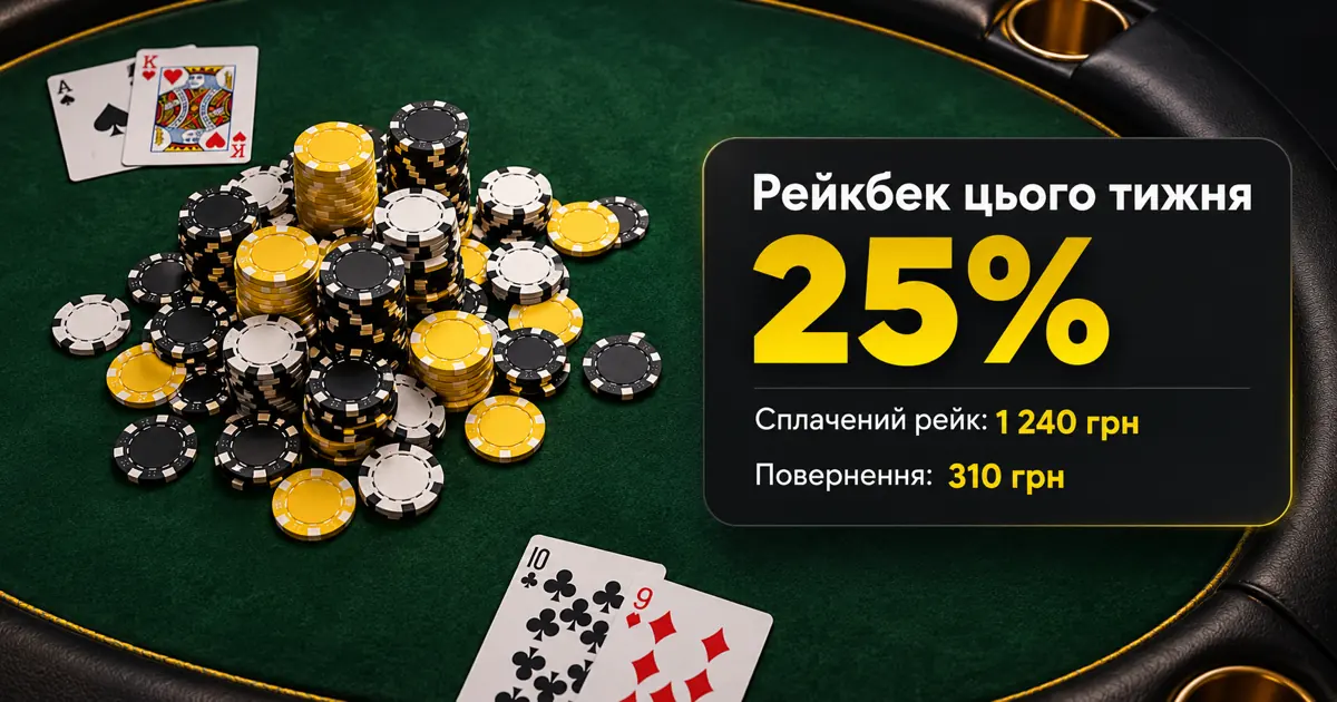 Рейкбек за тиждень на тлі покерного столу з фішками в банку